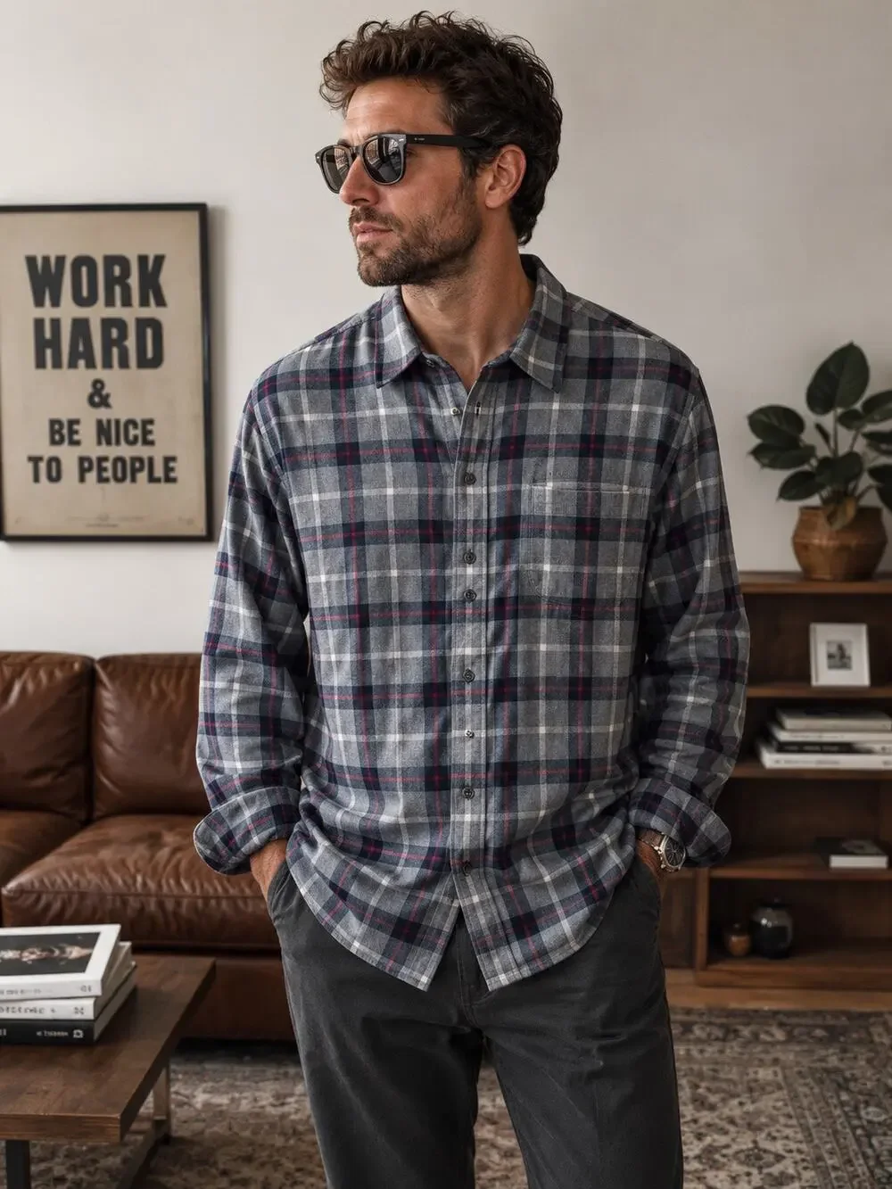 Banana Republic Plaid Long Sleeve Lightweight Flannel Button-Up Shirt Gray Large